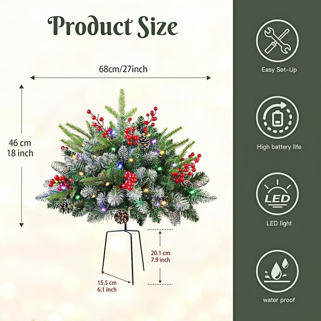 Pre-lit Artificial Christmas Tree Urn Filler with Remote & Timer - UV Resistant, Waterproof, Windproof & Snow-Resistant