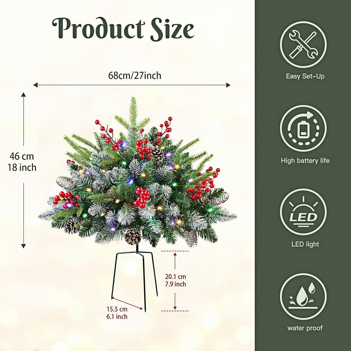 Pre-lit Artificial Christmas Tree Urn Filler with Remote & Timer - UV Resistant, Waterproof, Windproof & Snow-Resistant