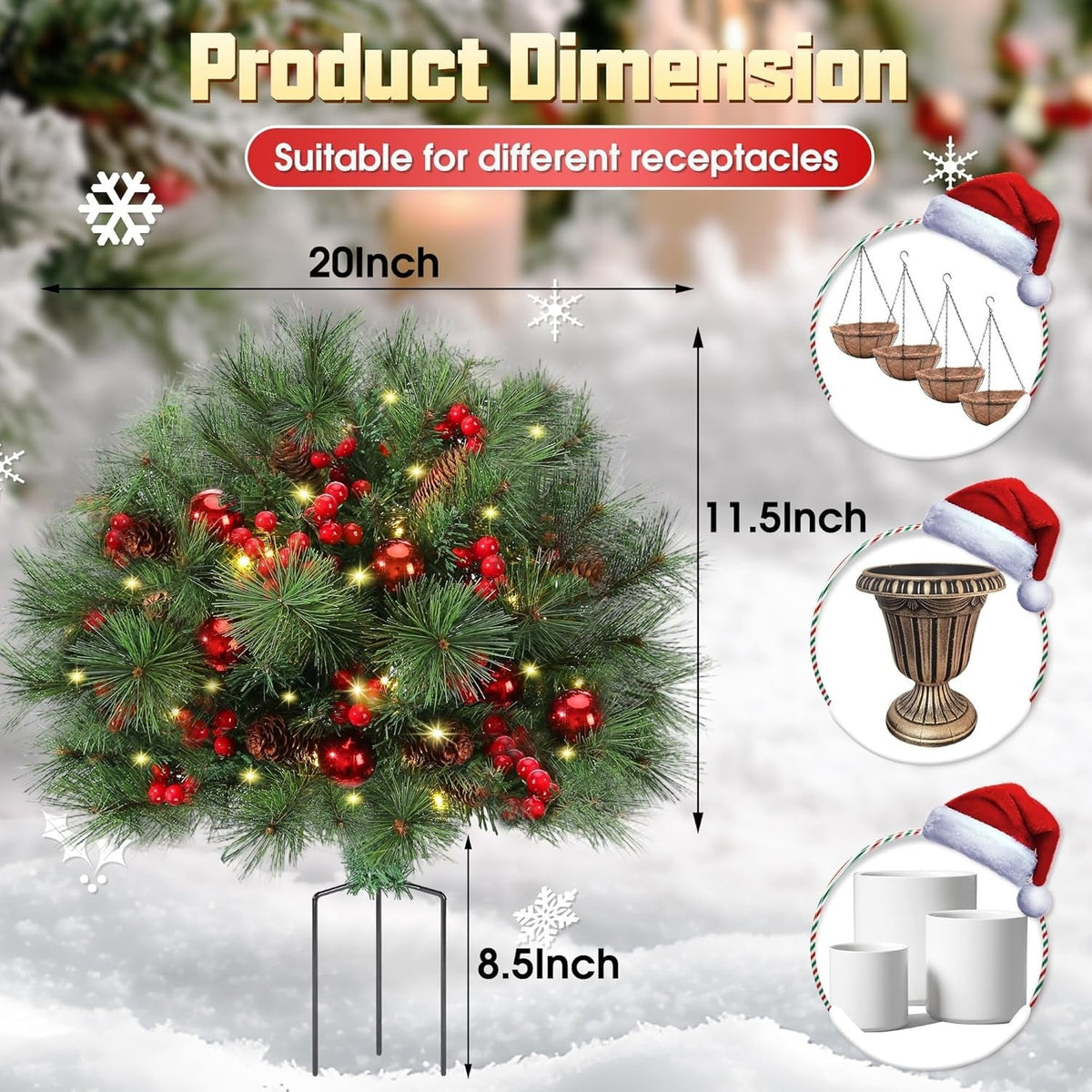 💥ON SALE💥2025 New Pre-Lit Christmas Urn Filler with Pine Cones, Red Berries & Ornament Balls