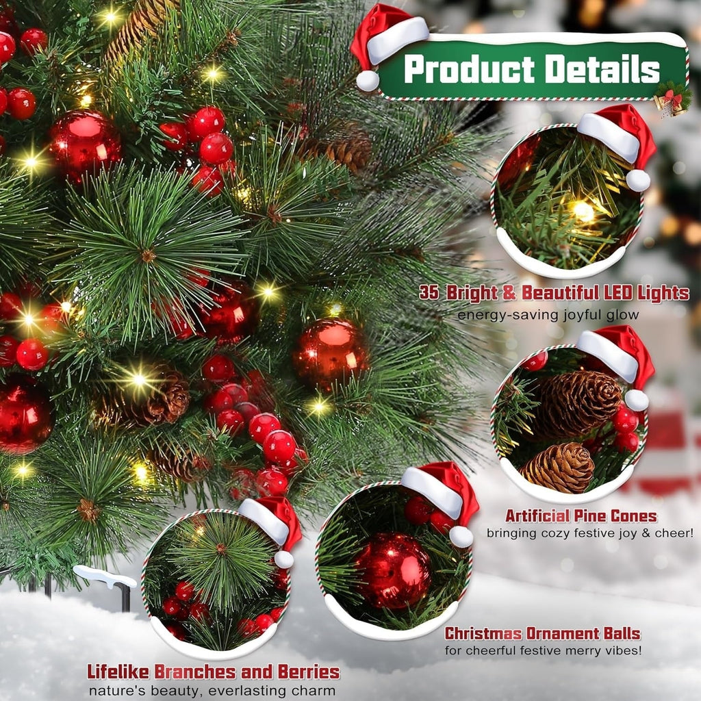 💥ON SALE💥2025 New Pre-Lit Christmas Urn Filler with Pine Cones, Red Berries & Ornament Balls