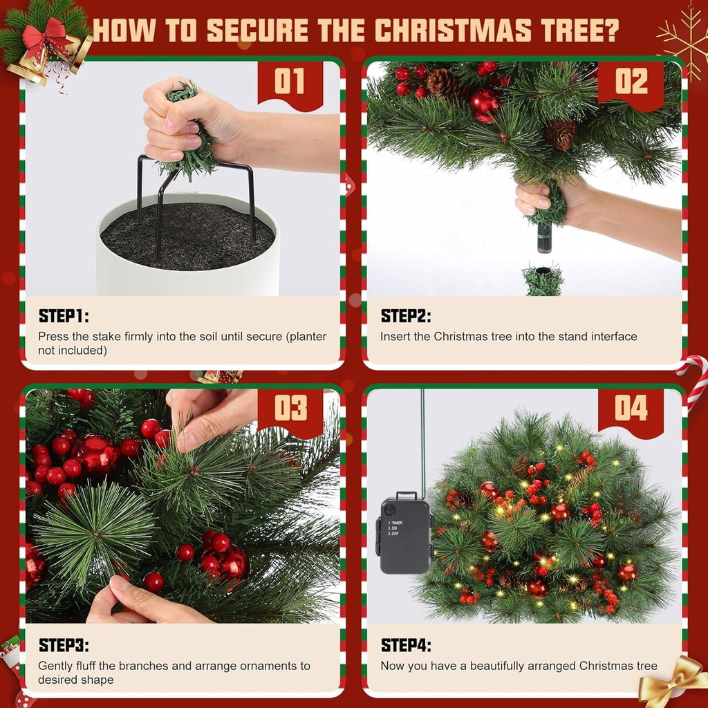 💥ON SALE💥2025 New Pre-Lit Christmas Urn Filler with Pine Cones, Red Berries & Ornament Balls