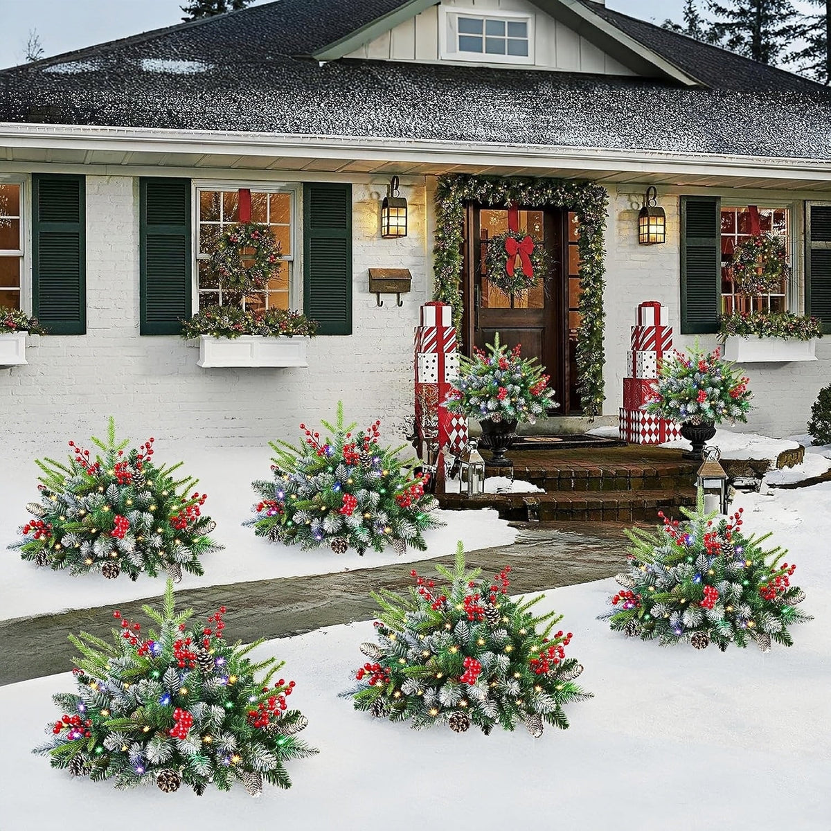 Pre-lit Artificial Christmas Tree Urn Filler with Remote & Timer - UV Resistant, Waterproof, Windproof & Snow-Resistant