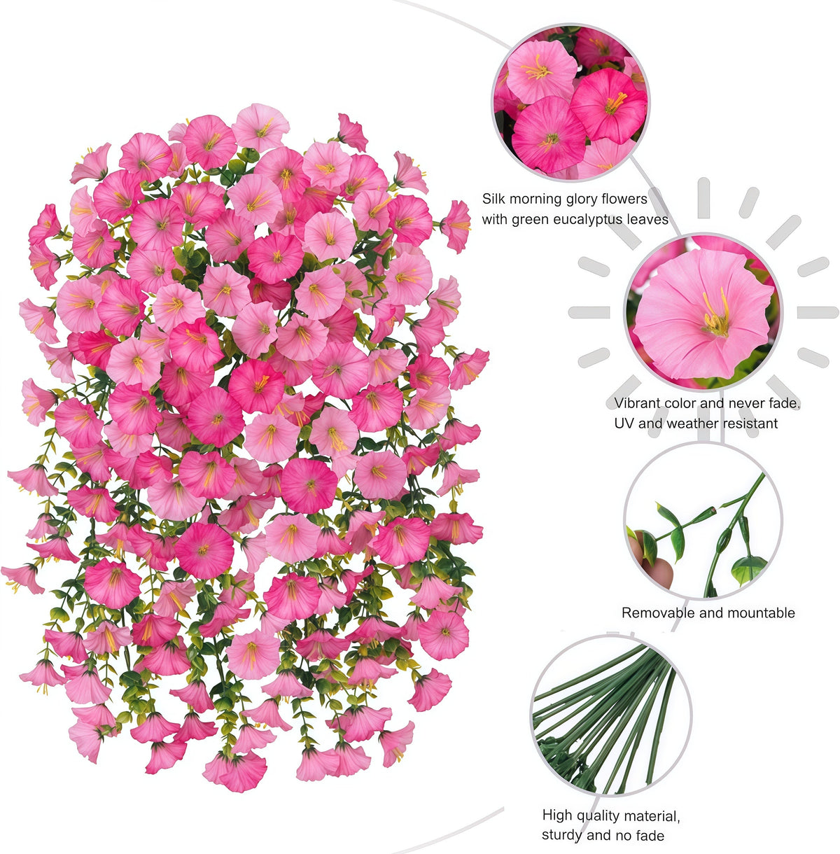 3Pcs Artificial Hanging Morning Glory Flowers with Greenery, UV Resistant