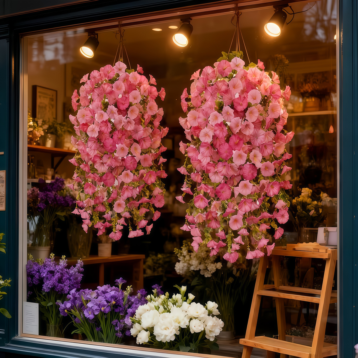 3Pcs Artificial Hanging Morning Glory Flowers with Greenery, UV Resistant