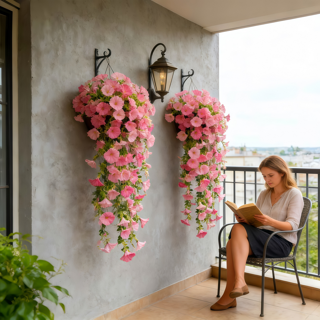 3Pcs Artificial Hanging Morning Glory Flowers with Greenery, UV Resistant
